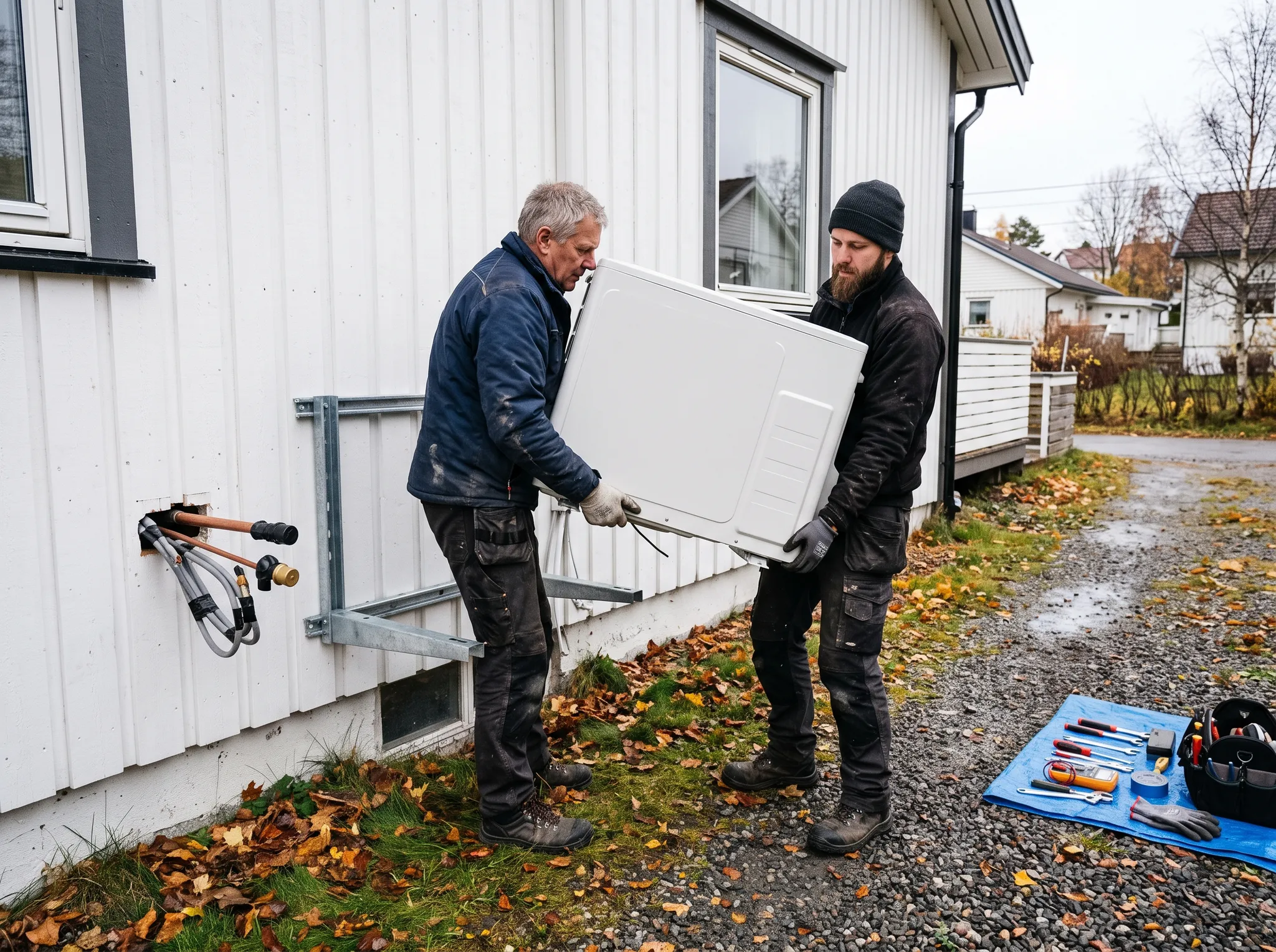 To montører løfter varmepumpens utedel av veggbraketten ved demontering