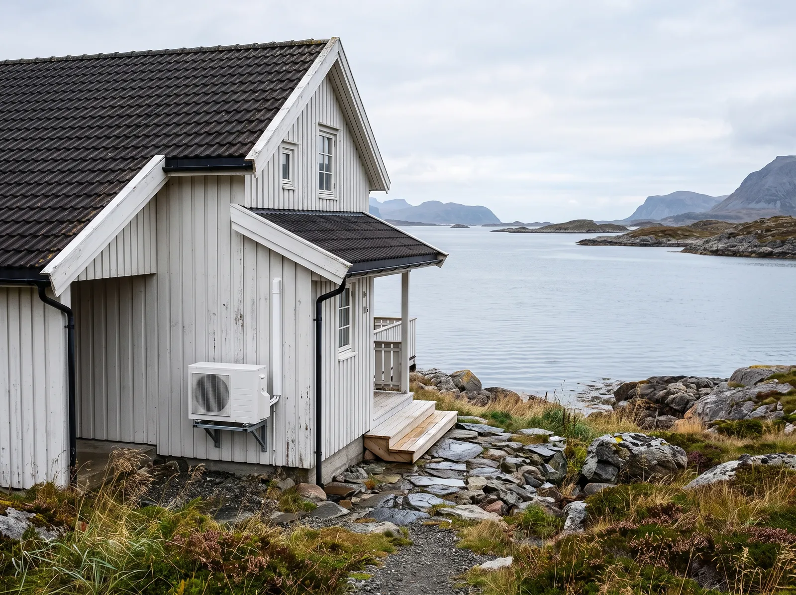 Varmepumpe på sjønær bolig med utedelen skjermet mot saltluft, typisk for Askøy