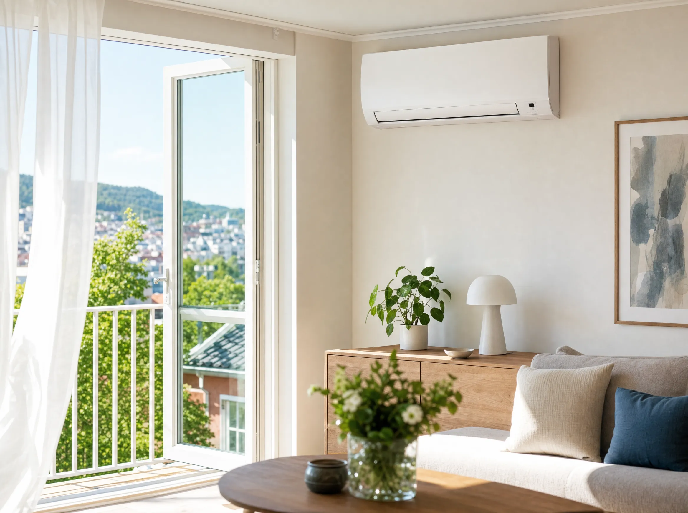 Stue med åpen balkongdør og varmepumpen i kjølemodus en sommerdag i Bergen