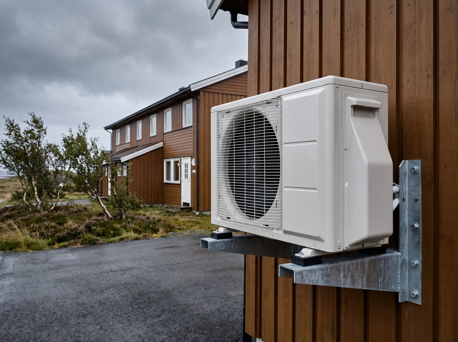 Varmepumpe på rekkehus med kraftig veggbrakett, typisk for værutsatte Knarvik