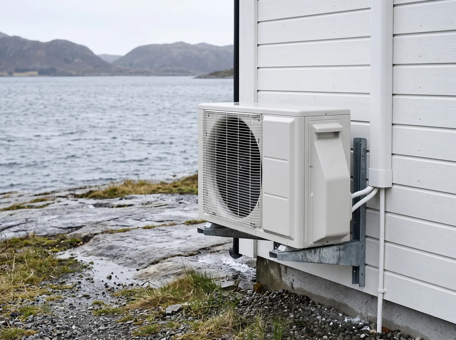 Varmepumpe på sjønær bolig mot åpen fjord, typisk for Meland på Holsnøy