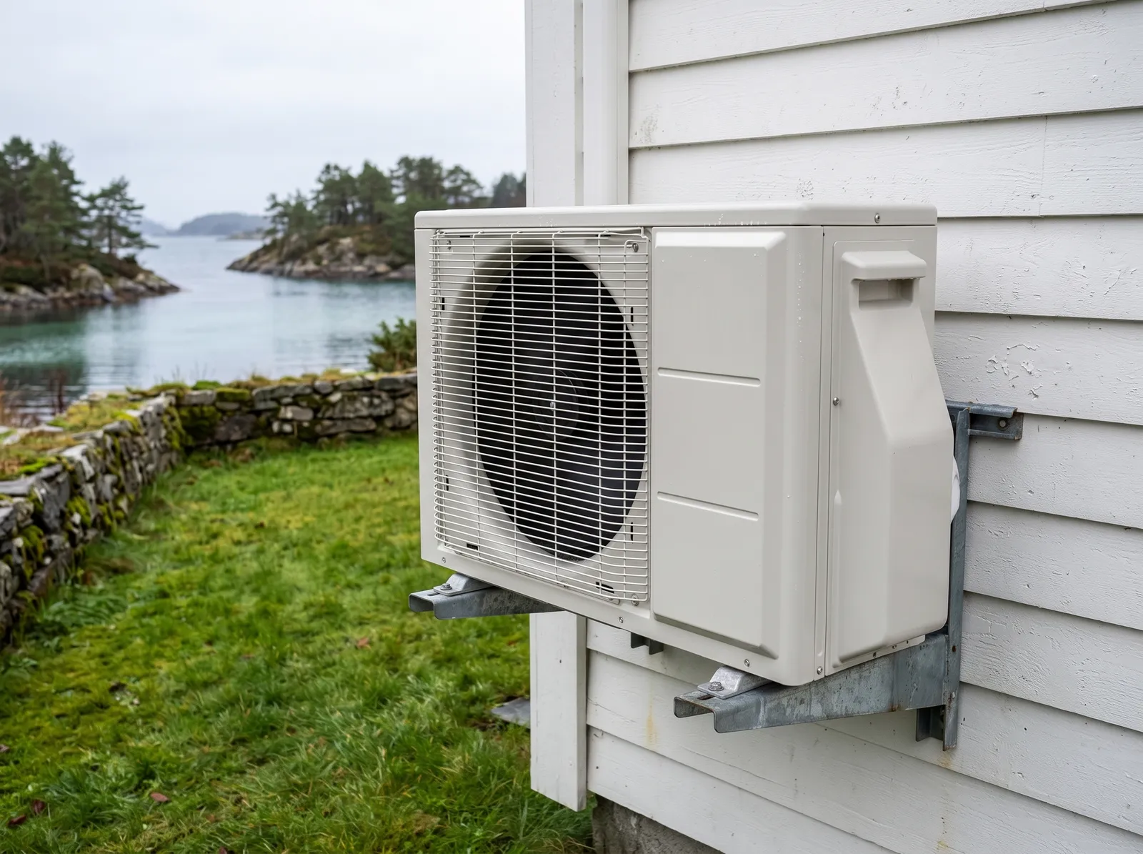 Varmepumpe på eldre hvitt trehus nær sjøen, typisk for Stord i Sunnhordland